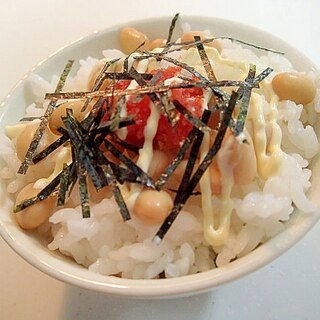 麺つゆ/マヨで　蒸し大豆と明太子と刻み海苔のご飯